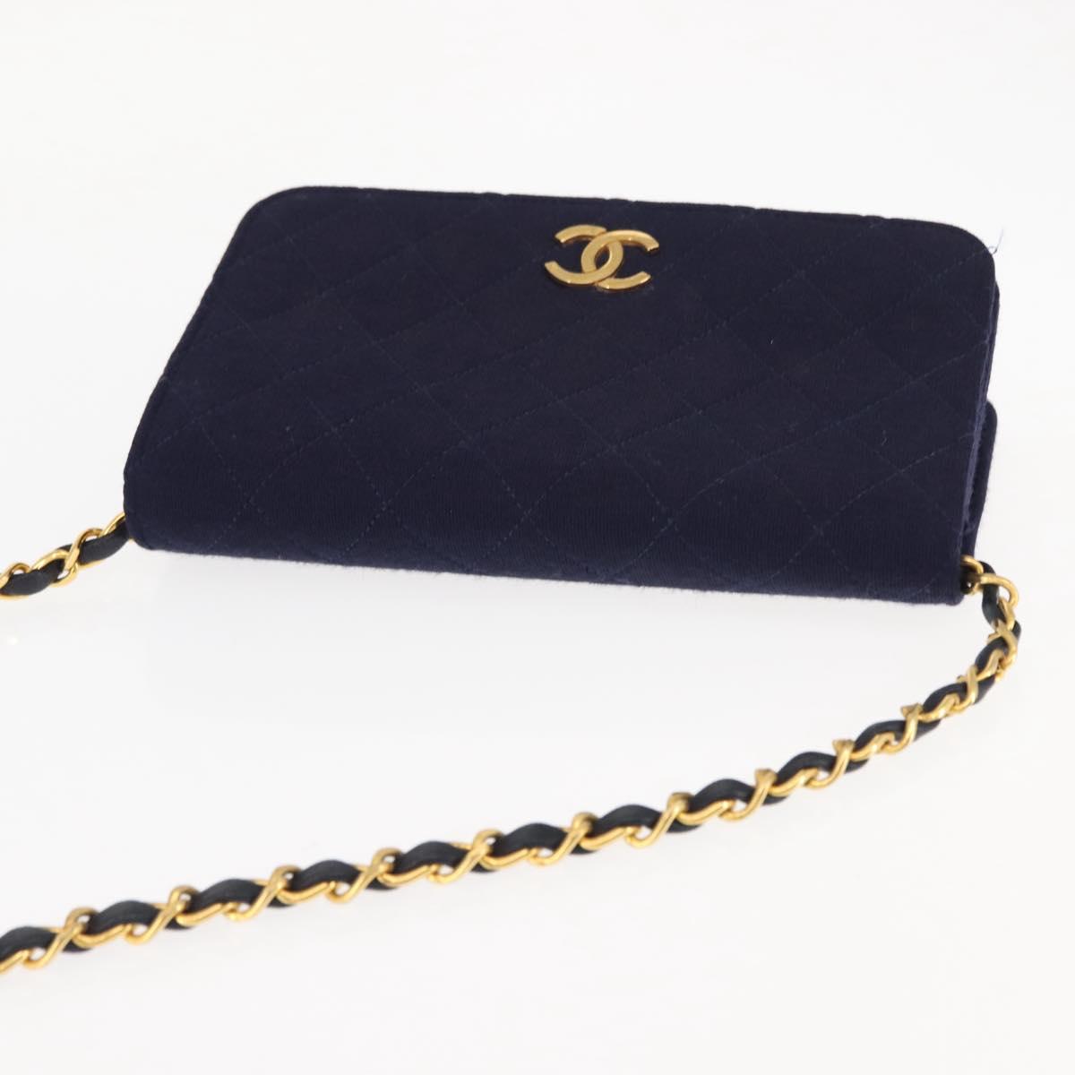 CHANEL Matelasse Chain Shoulder Bag cotton Navy Gold CC Auth bs29831
