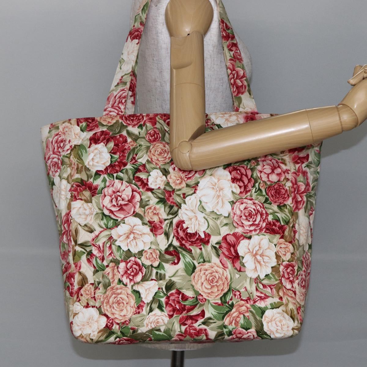 CHANEL Flower Pattern Tote Bag Canvas Cream Red gold CC Auth bs29833