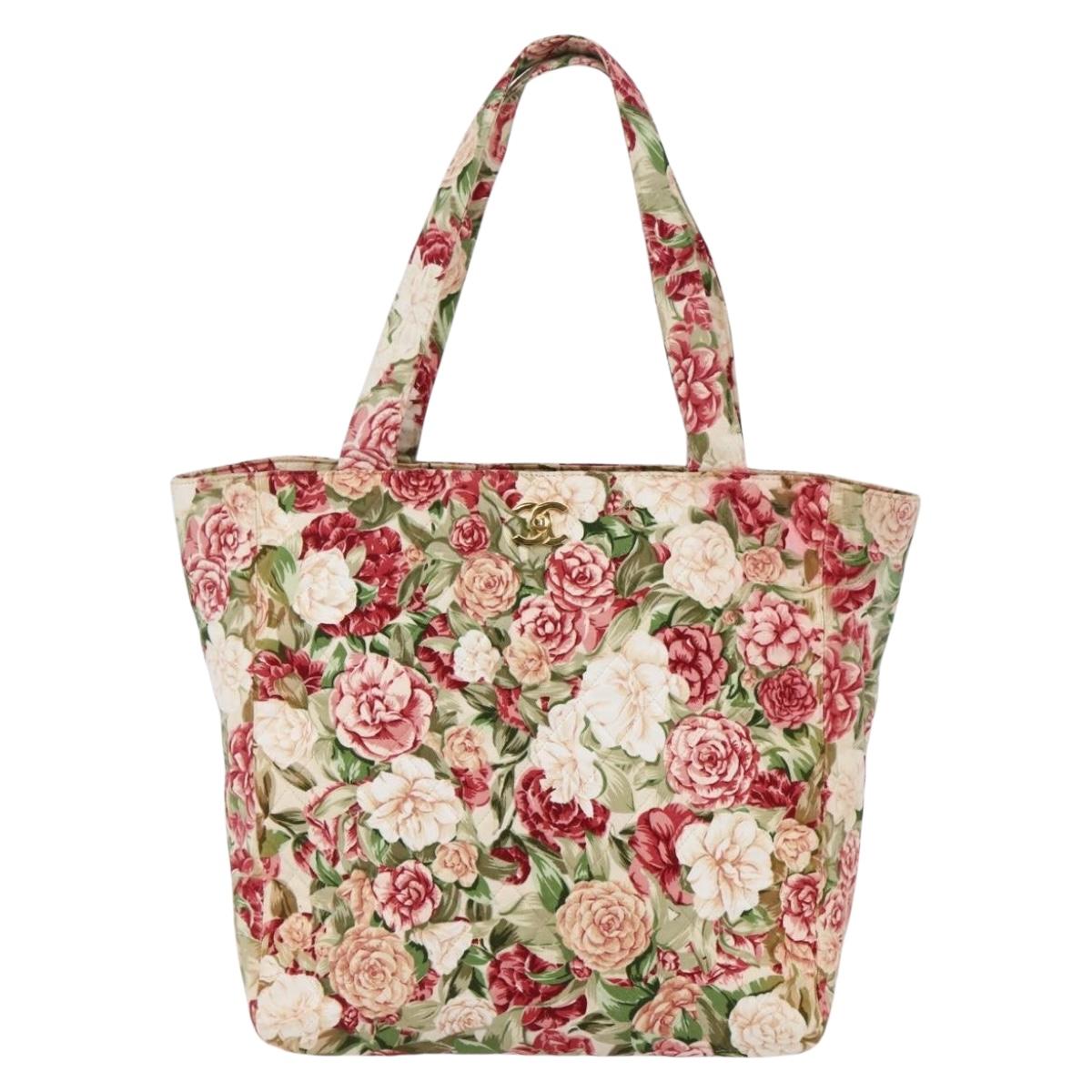 CHANEL Flower Pattern Tote Bag Canvas Cream Red gold CC Auth bs29833