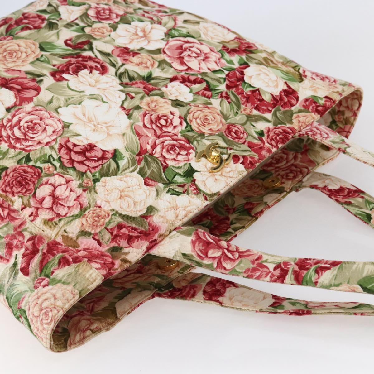 CHANEL Flower Pattern Tote Bag Canvas Cream Red gold CC Auth bs29833