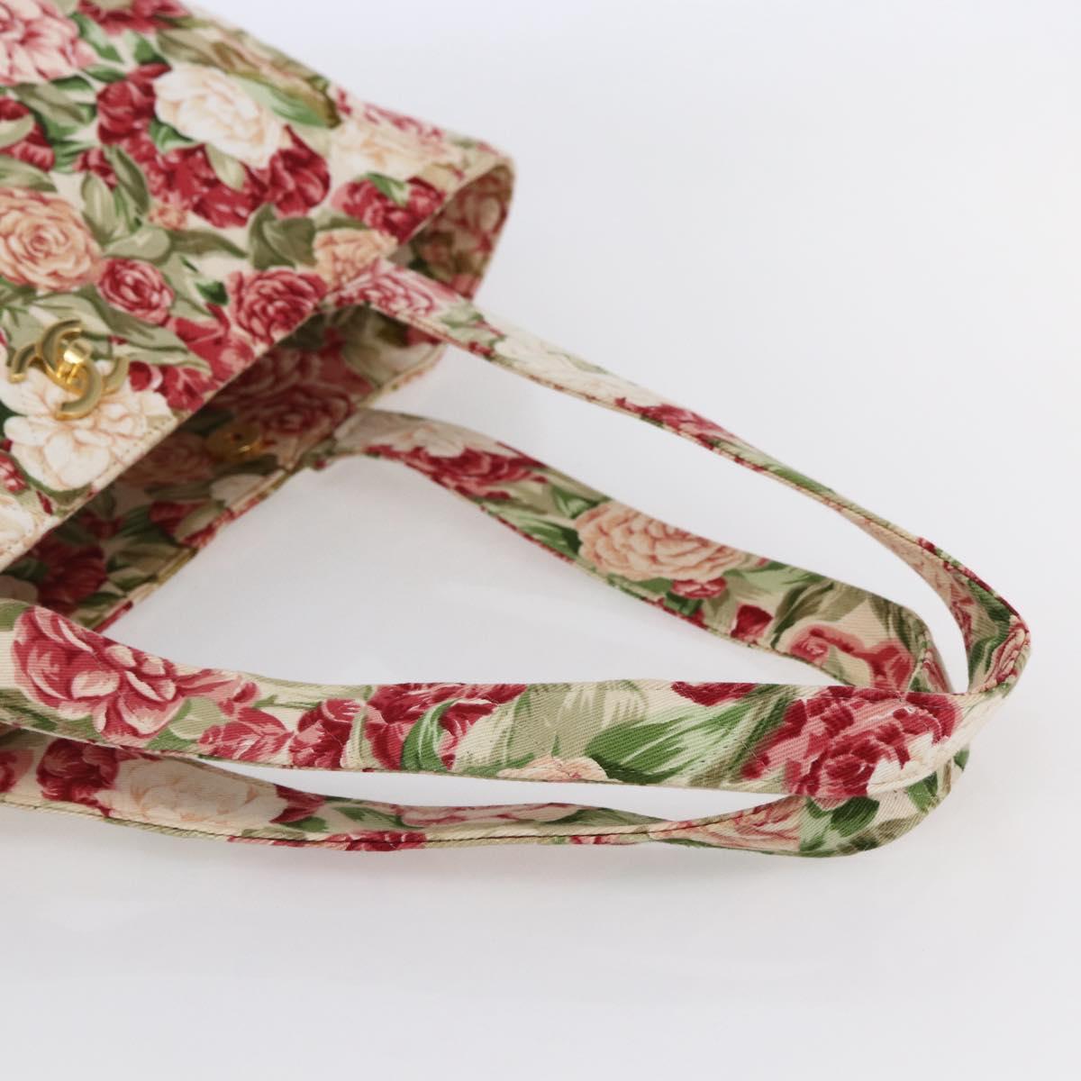 CHANEL Flower Pattern Tote Bag Canvas Cream Red gold CC Auth bs29833