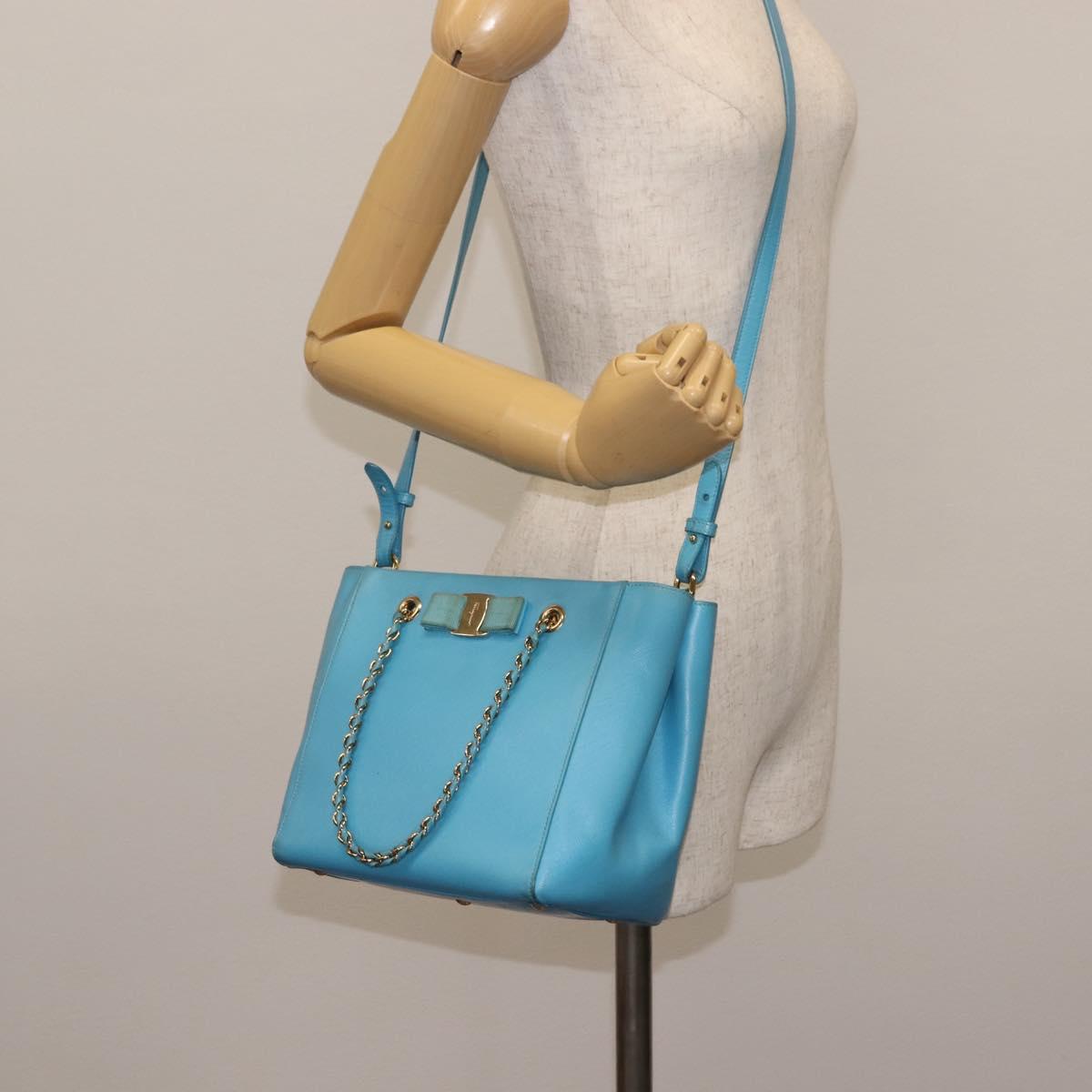 Salvatore Ferragamo Vala Chain Bag Leather 2way Light Blue Gold Auth bs29835
