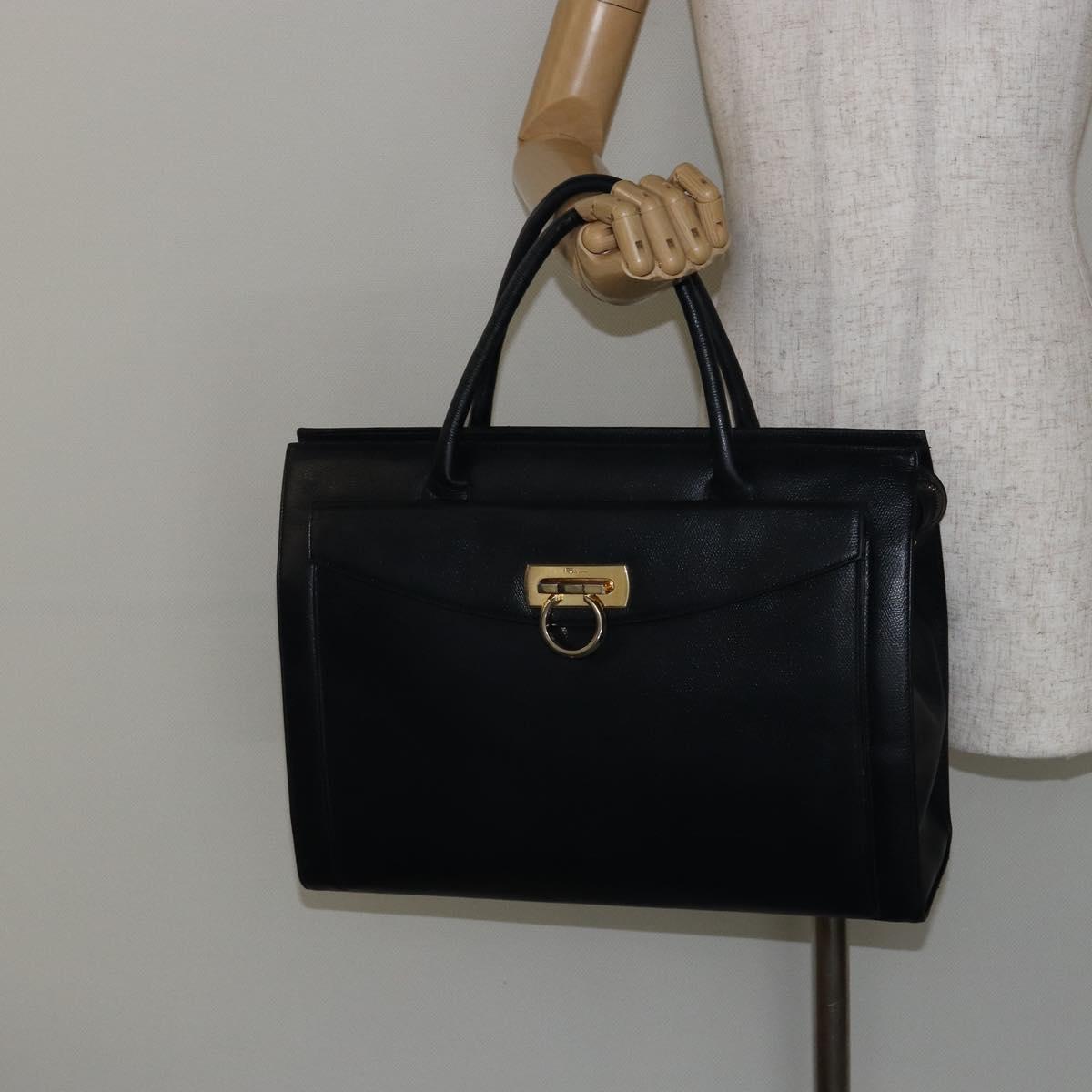 Salvatore Ferragamo Gancini Hand Bag Leather Black Gold Auth bs29837