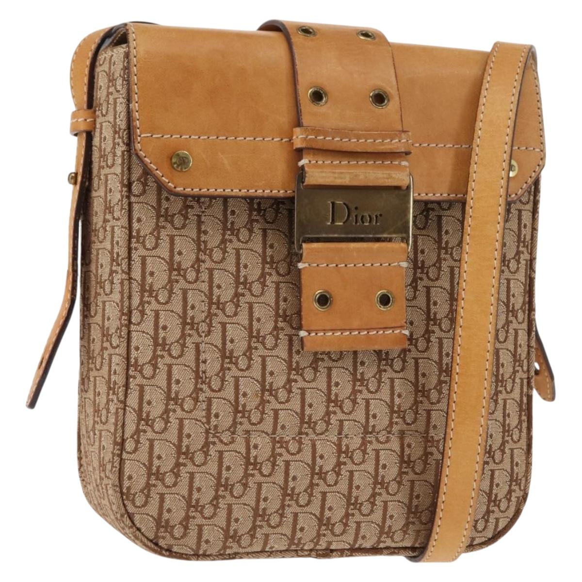 Christian Dior Trotter Canvas Shoulder Bag Beige Gold Auth bs29838