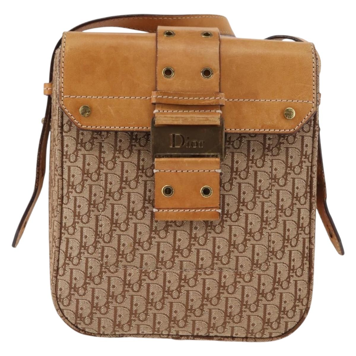 Christian Dior Trotter Canvas Shoulder Bag Beige Gold Auth bs29838
