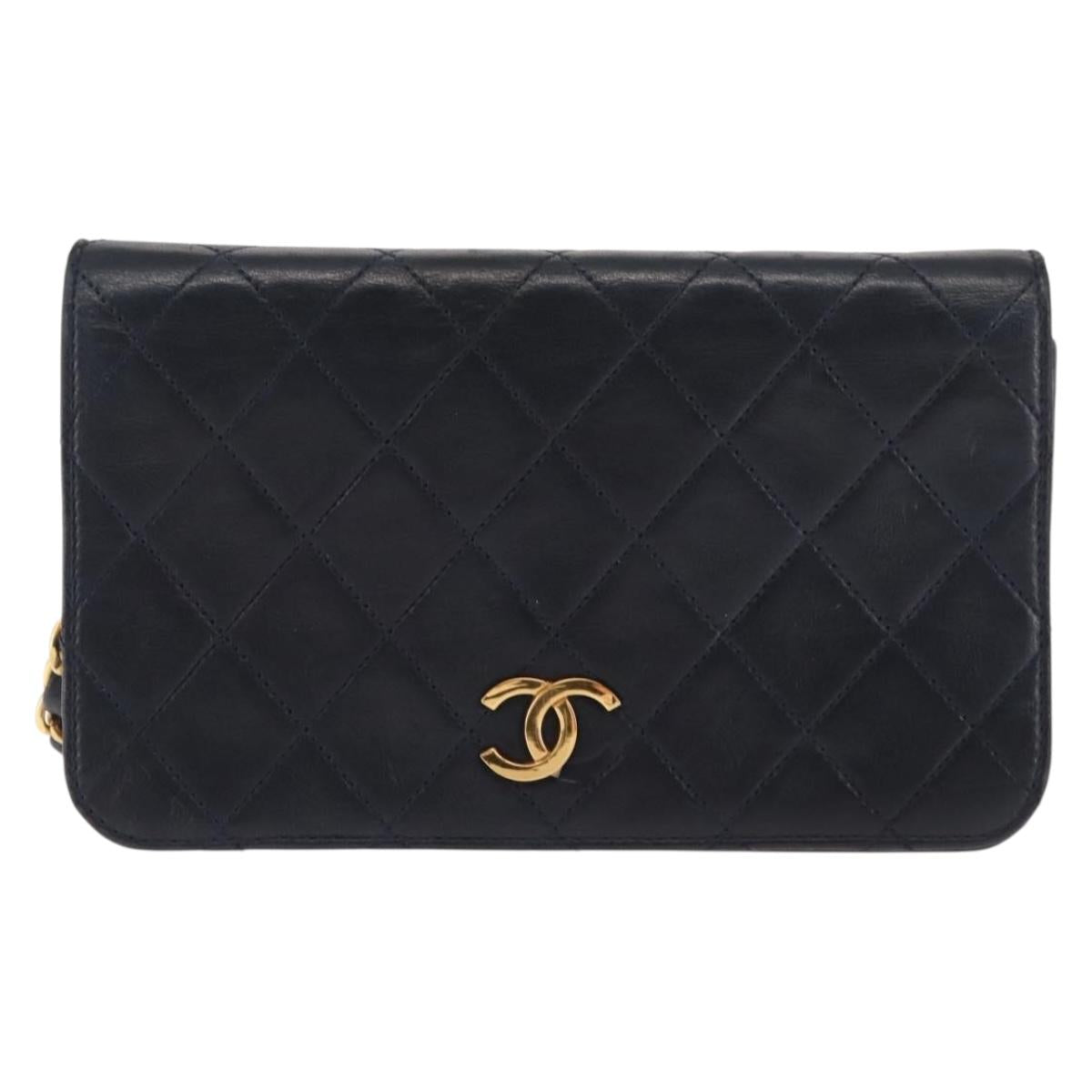 CHANEL Matelasse Chain Shoulder Bag Lamb Skin Navy Gold CC Auth bs29839