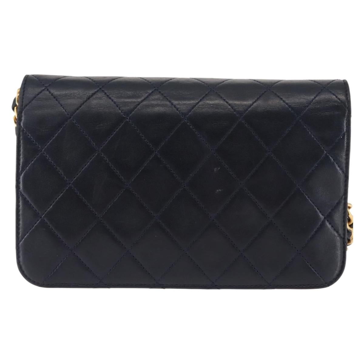 CHANEL Matelasse Chain Shoulder Bag Lamb Skin Navy Gold CC Auth bs29839