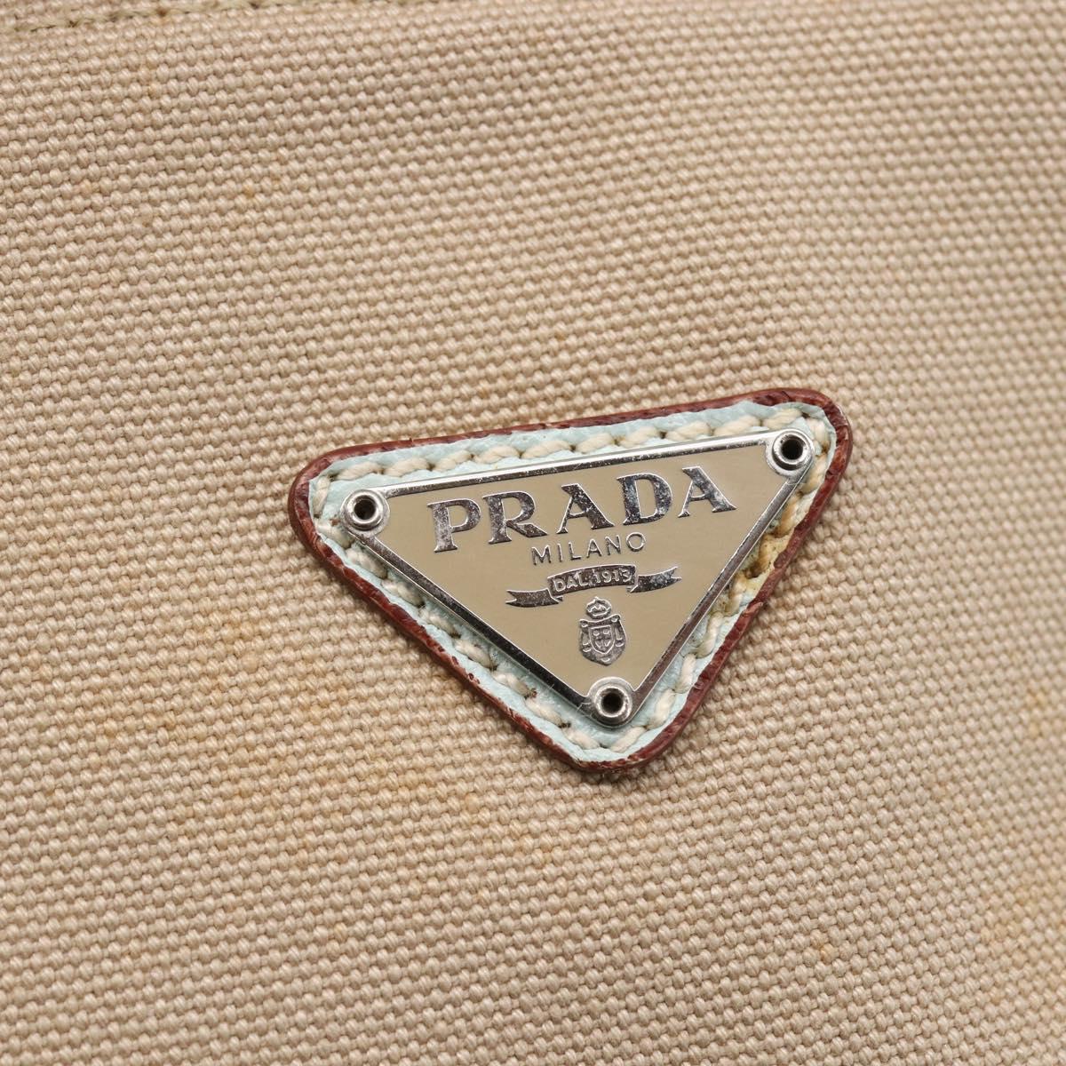 PRADA Tote Bag Canvas Leather Beige Light Blue Auth bs29840