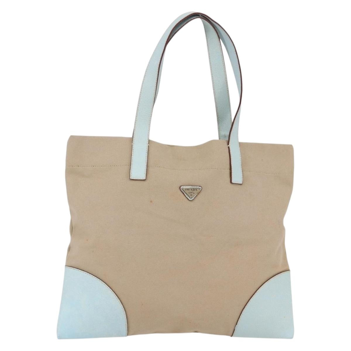 PRADA Tote Bag Canvas Leather Beige Light Blue Auth bs29840