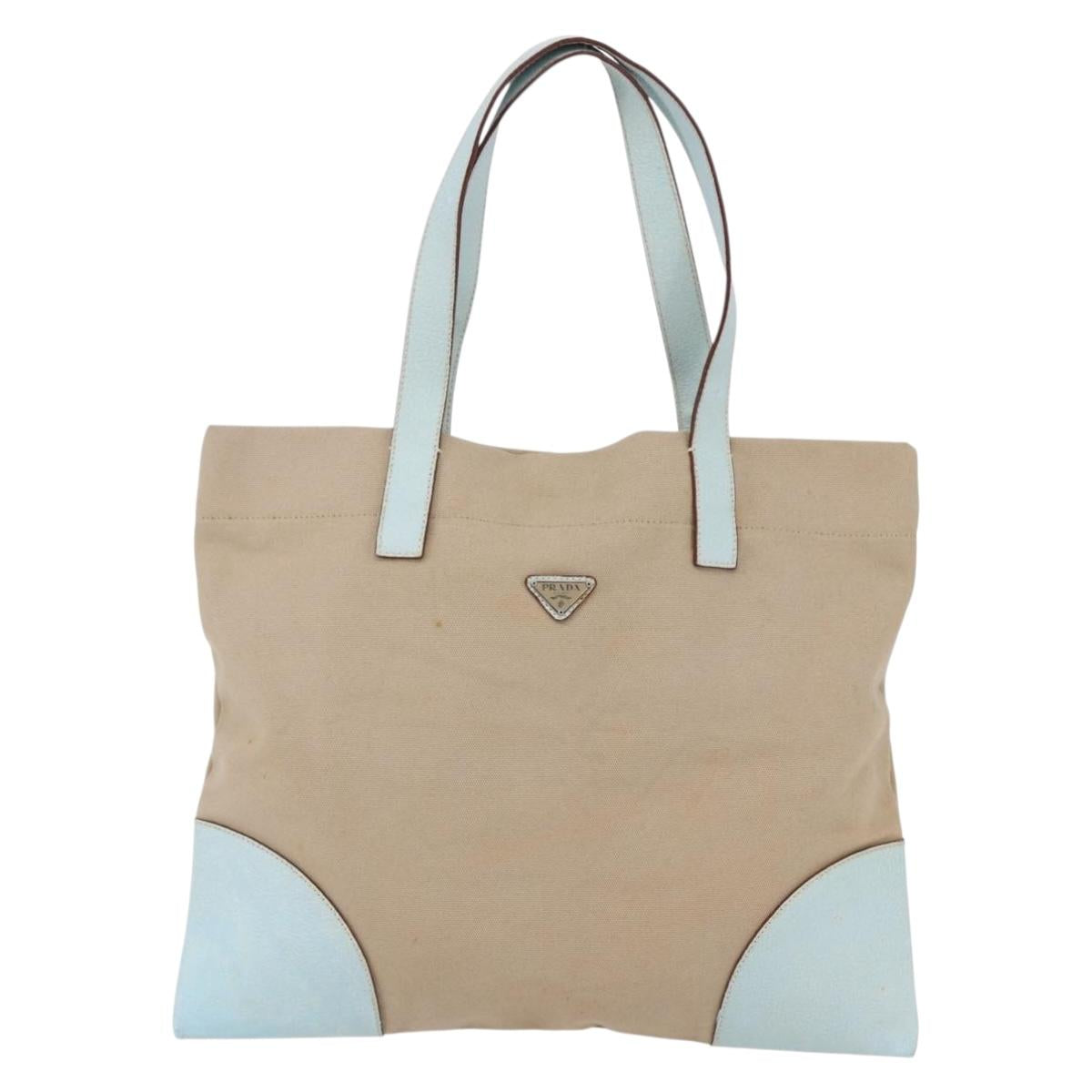 PRADA Tote Bag Canvas Leather Beige Light Blue Auth bs29840