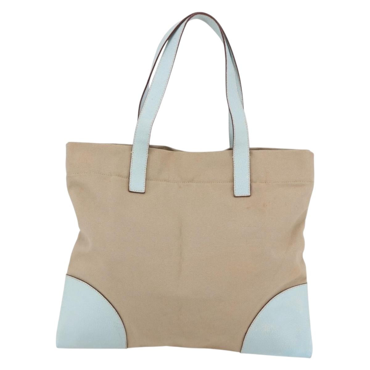 PRADA Tote Bag Canvas Leather Beige Light Blue Auth bs29840