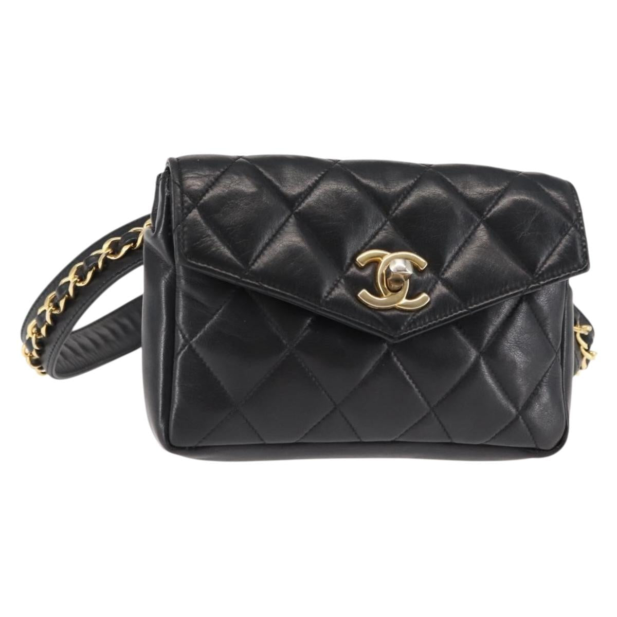 CHANEL Matelasse Waist Bag Lamb Skin Black Gold CC Auth bs29844