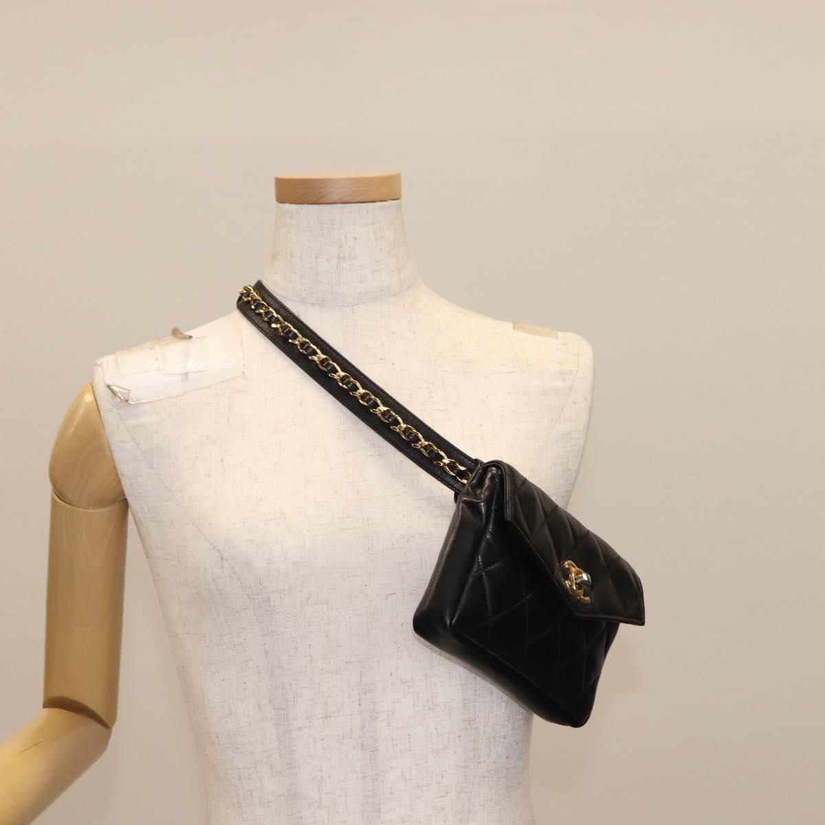 CHANEL Matelasse Waist Bag Lamb Skin Black Gold CC Auth bs29844
