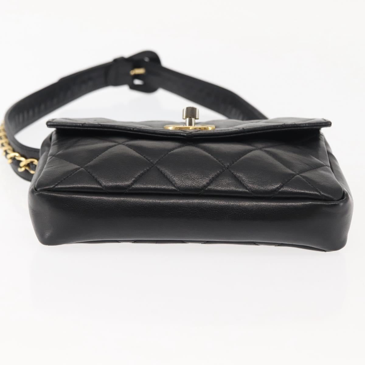 CHANEL Matelasse Waist Bag Lamb Skin Black Gold CC Auth bs29844
