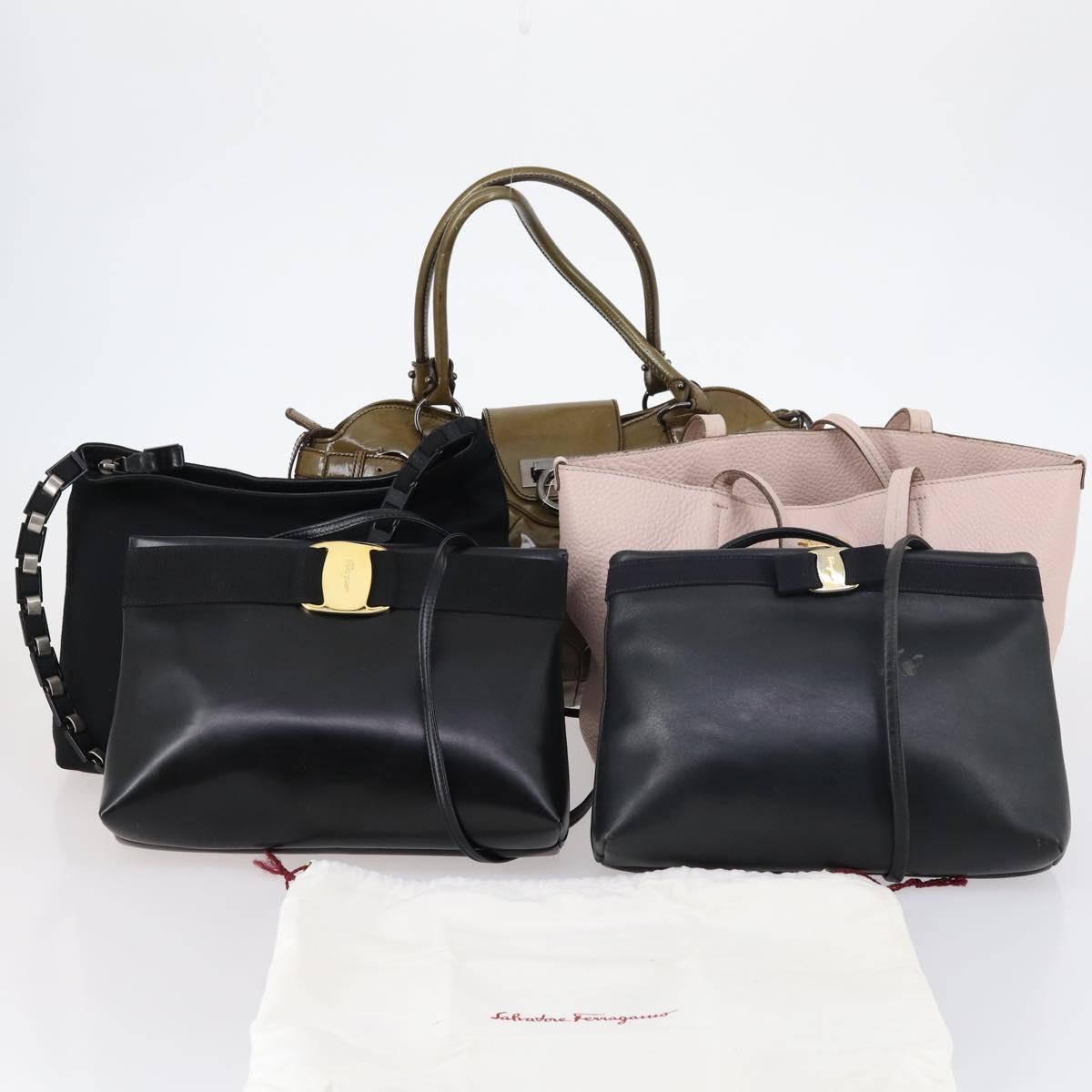 Salvatore Ferragamo Bag Enamel Leather Nylon 5Set Black Khaki pink Auth bs29853