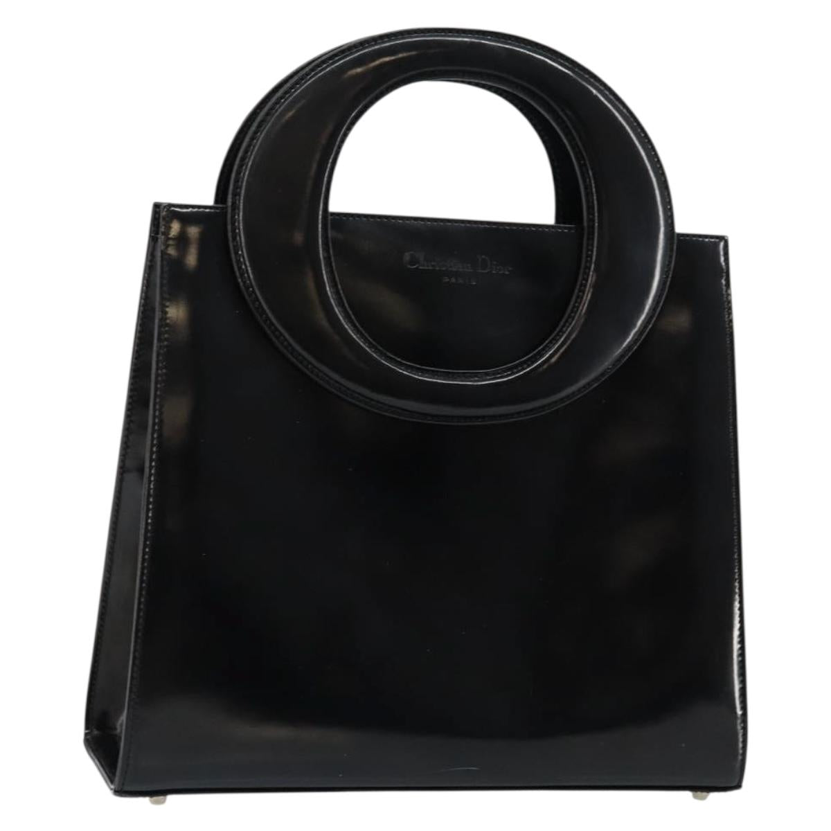 Christian Dior Oval Hand Bag Patent leather Black Gold Auth bs29855