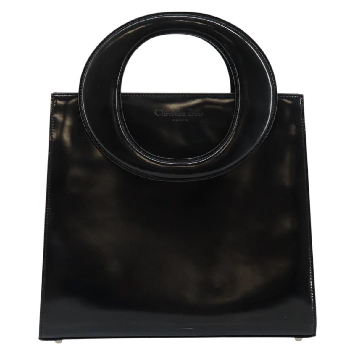 Christian Dior Oval Hand Bag Patent leather Black Gold Auth bs29855