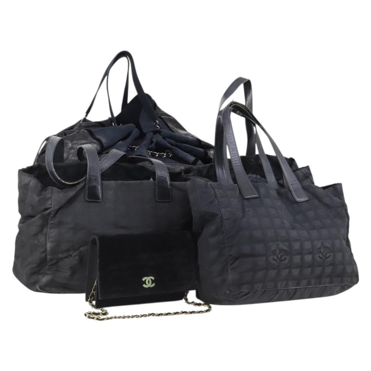 CHANEL Hand Bag Leather Nylon 5Set Black Navy CC Auth bs29857