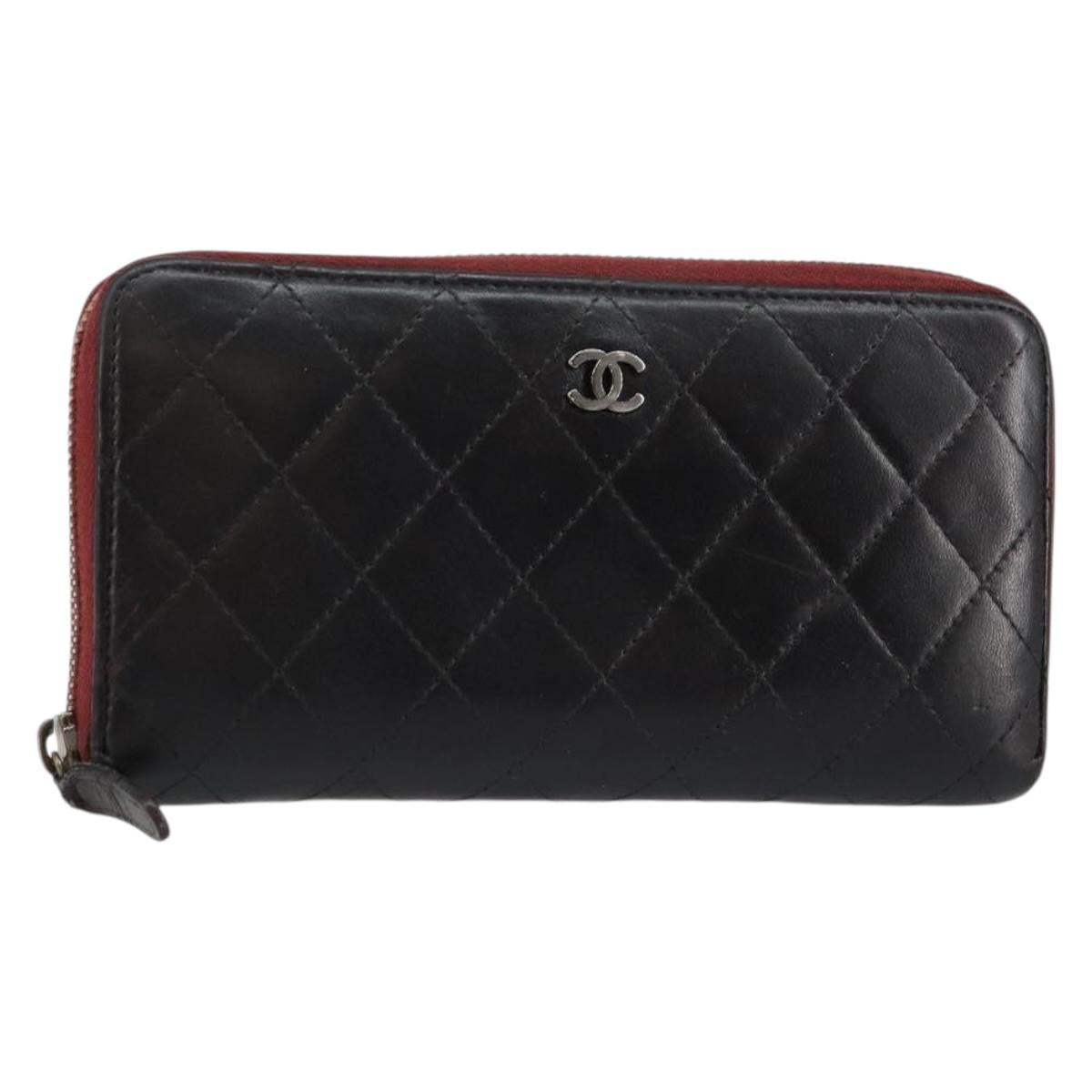 CHANEL Matelasse Wallet Leather Black Silver CC Auth bs29859