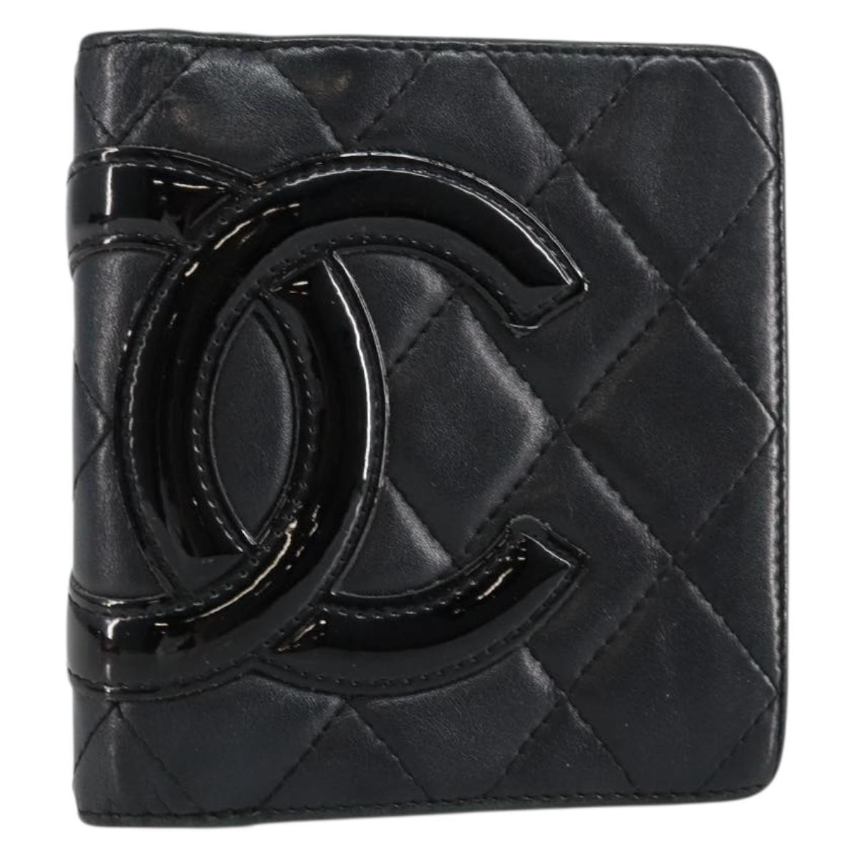 CHANEL Matelasse Cambon Line Bifold Wallet Leather Black Silver CC Auth bs29860