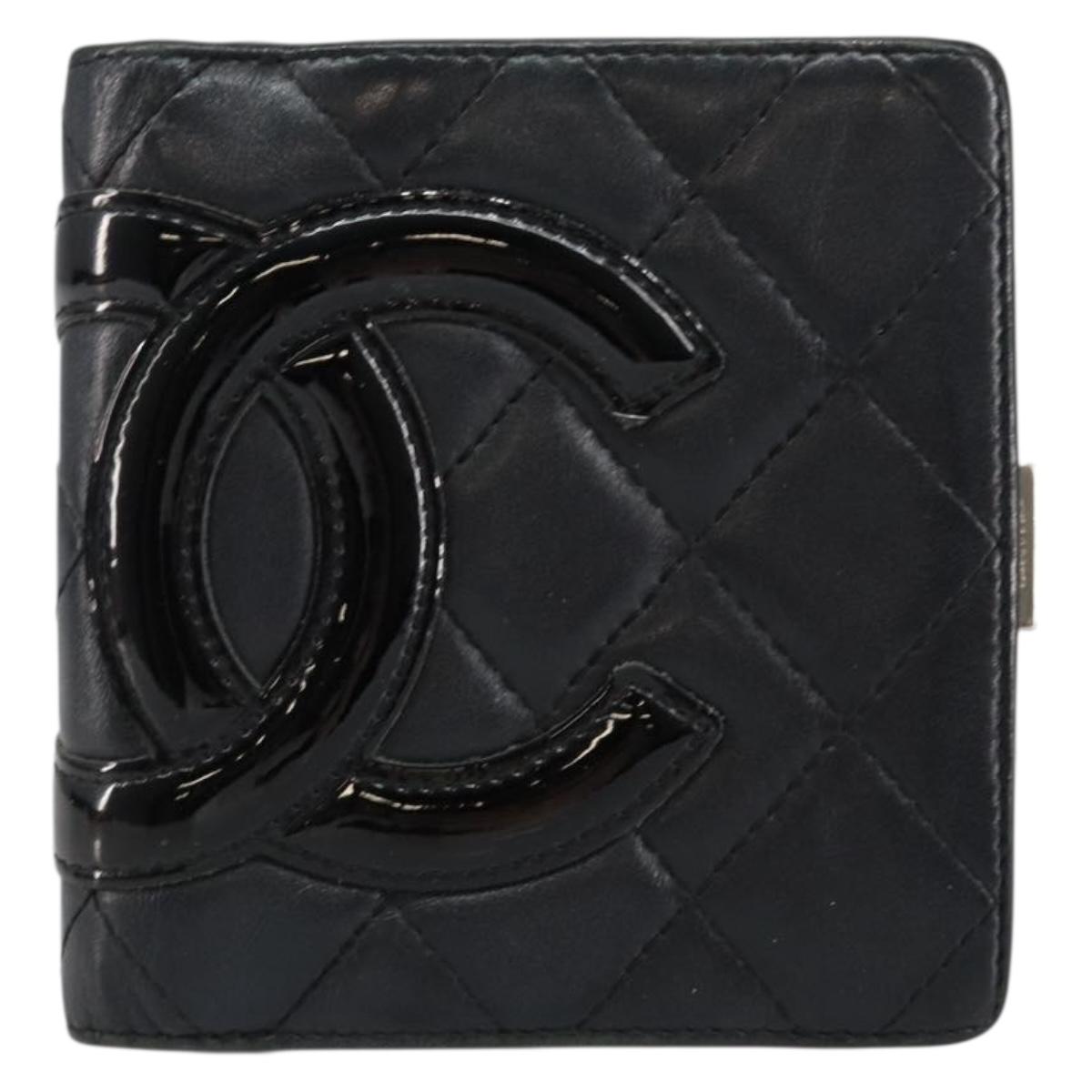 CHANEL Matelasse Cambon Line Bifold Wallet Leather Black Silver CC Auth bs29860