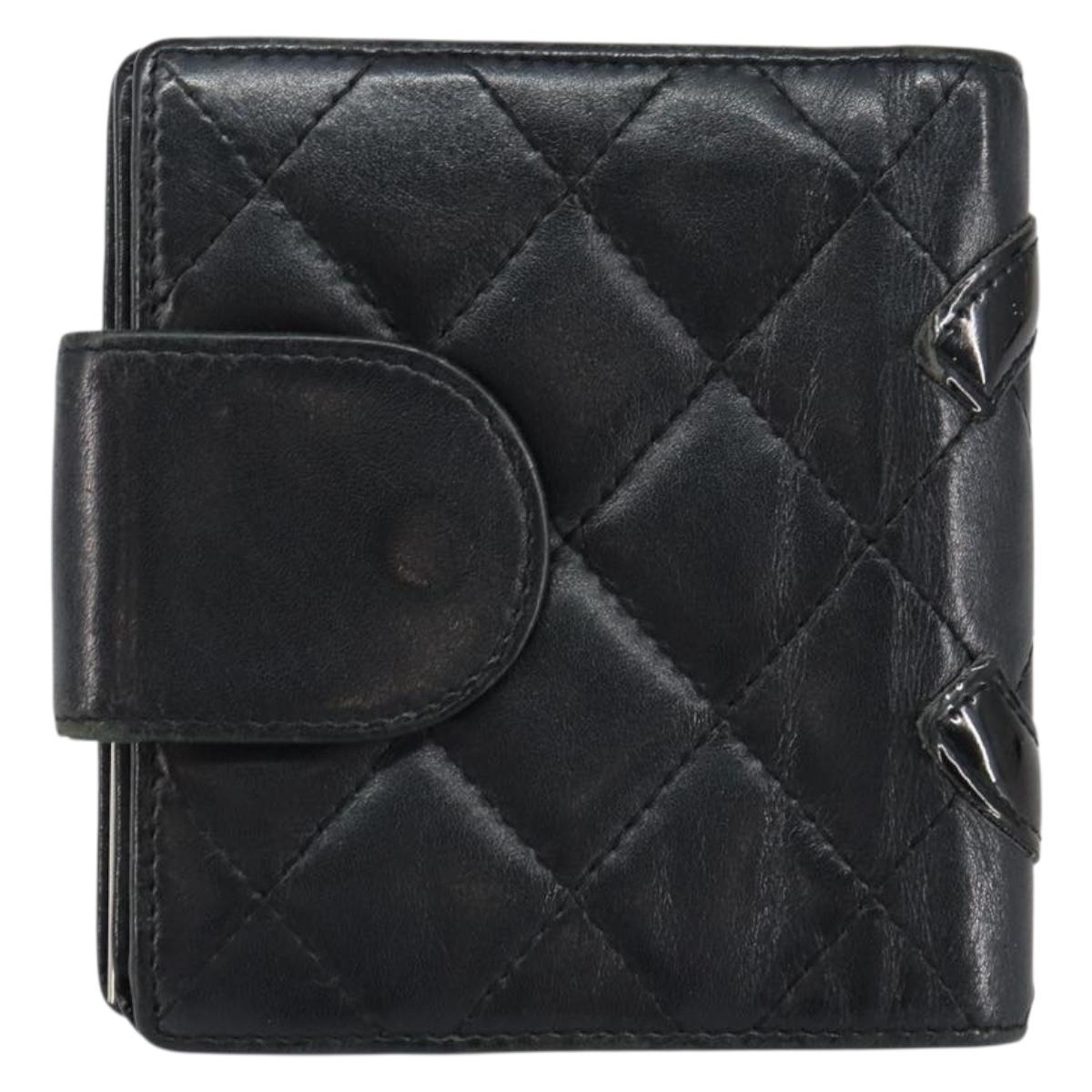 CHANEL Matelasse Cambon Line Bifold Wallet Leather Black Silver CC Auth bs29860