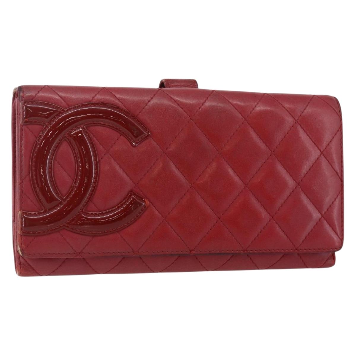 CHANEL Matelasse Cambon Line Long Wallet Leather Red Silver CC Auth bs29861
