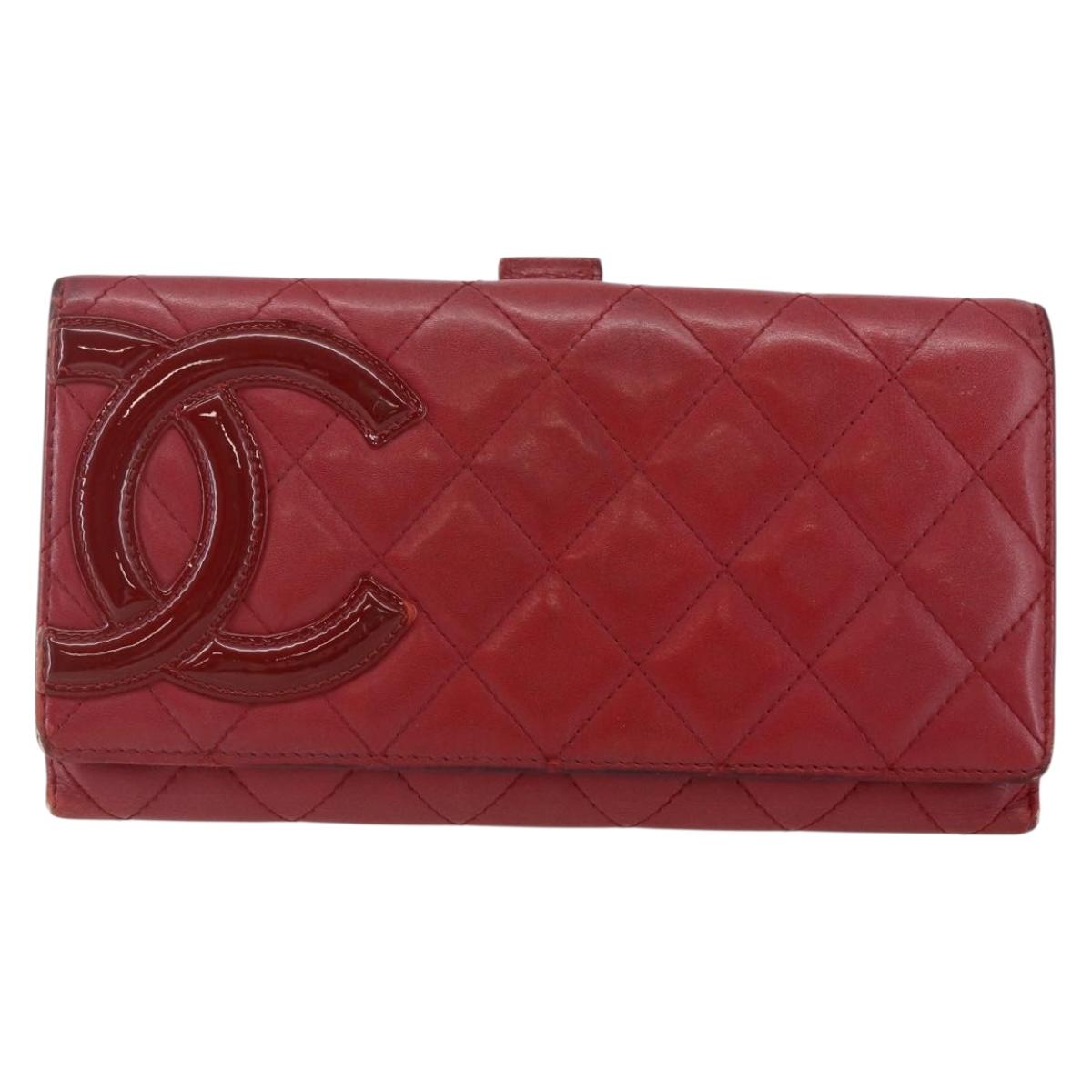 CHANEL Matelasse Cambon Line Long Wallet Leather Red Silver CC Auth bs29861