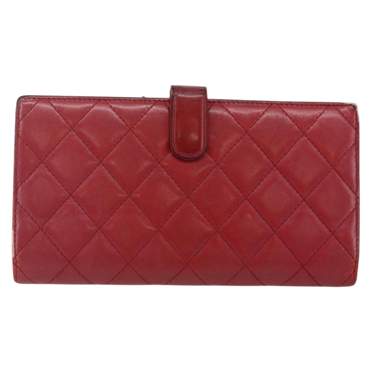 CHANEL Matelasse Cambon Line Long Wallet Leather Red Silver CC Auth bs29861