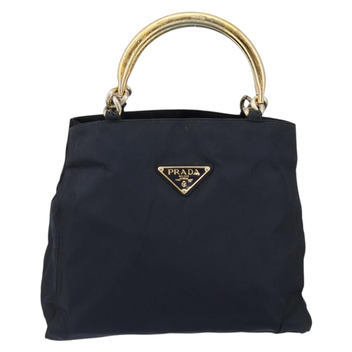 PRADA Hand Bag Nylon Navy Gold Auth bs29879