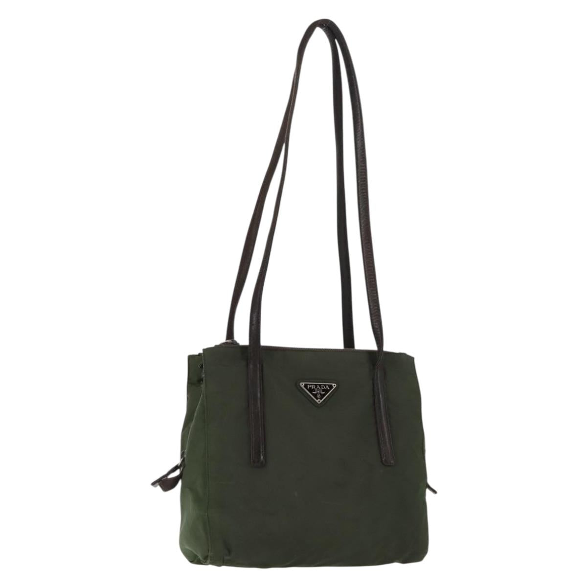 PRADA Tote Bag Nylon Khaki Silver Auth bs29880