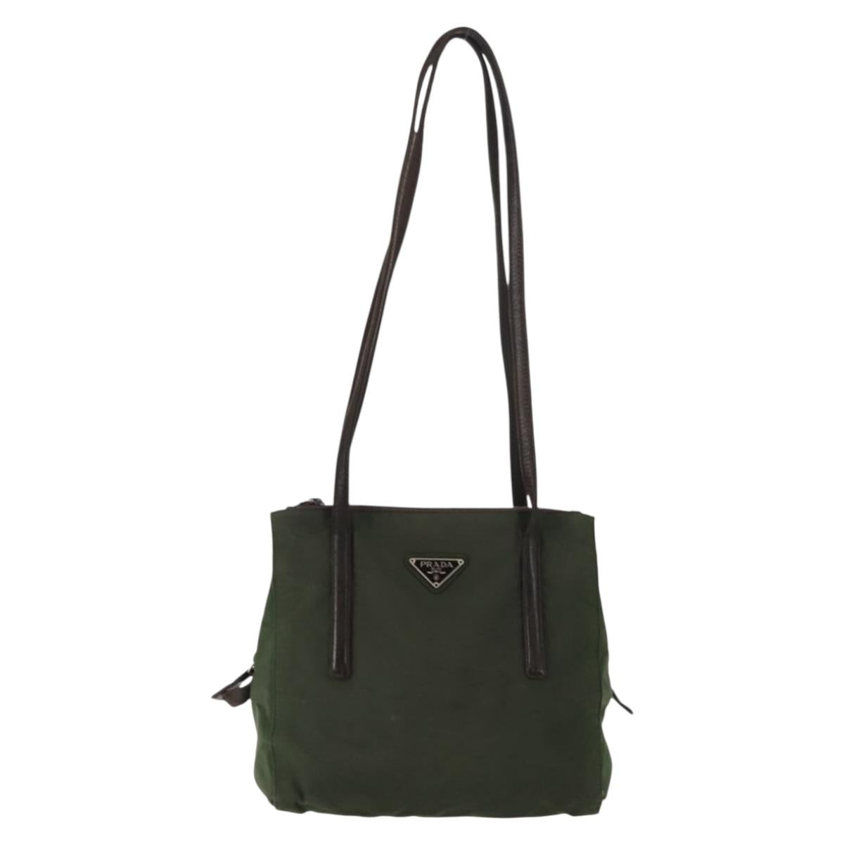 PRADA Tote Bag Nylon Khaki Silver Auth bs29880