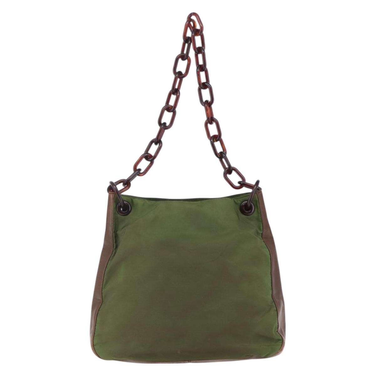 PRADA Chain Shoulder Bag Nylon Khaki Auth bs29881