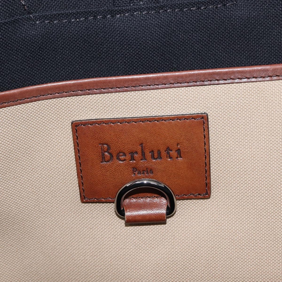 Berluti Calligraphy Tote Bag Canvas Leather Beige Silver Auth bs29891