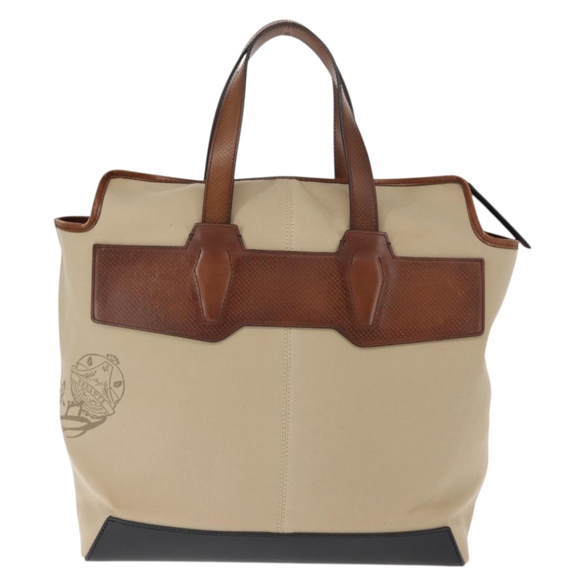 Berluti Calligraphy Tote Bag Canvas Leather Beige Silver Auth bs29891