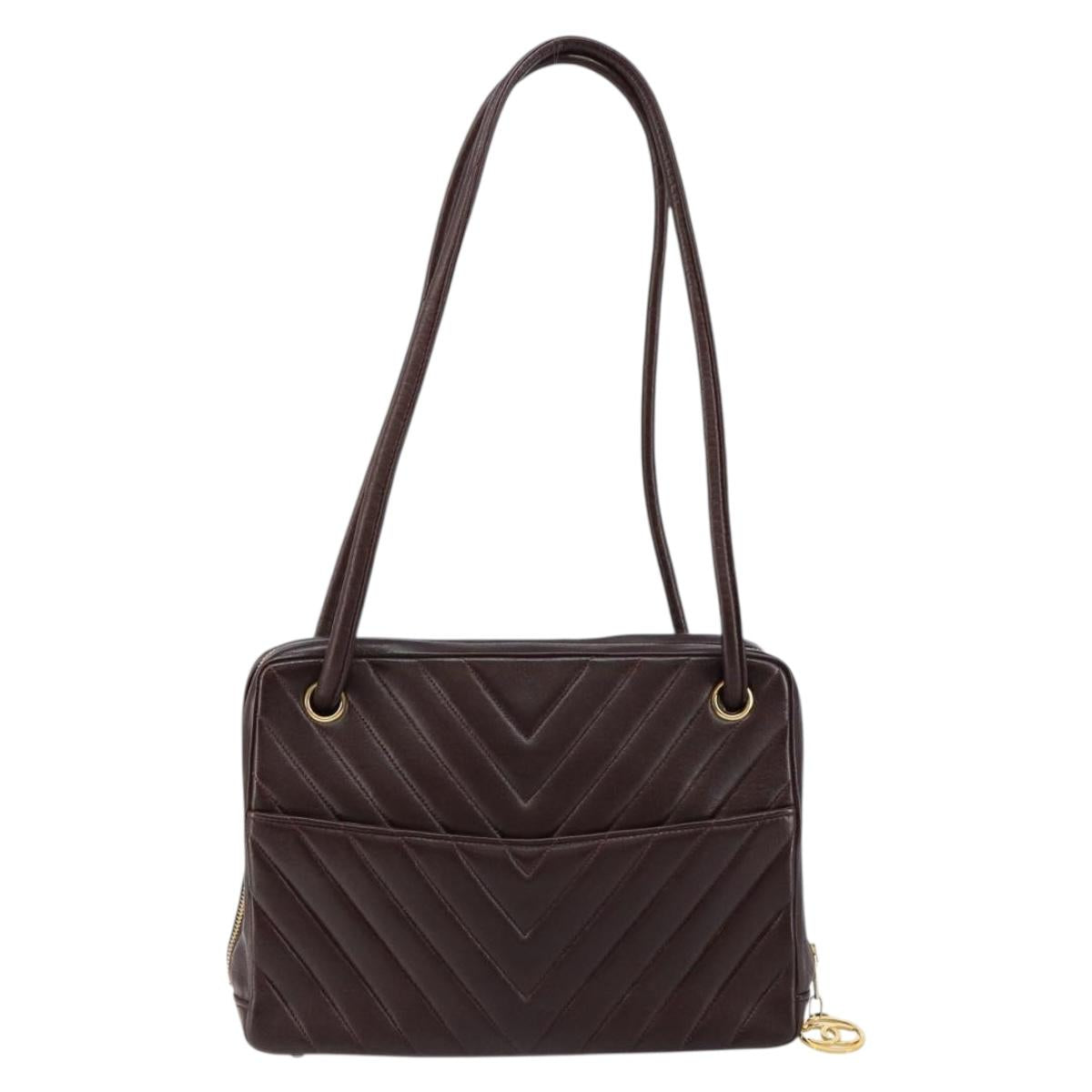 CHANEL V stitch Shoulder Bag Lamb Skin Brown Gold CC Auth bs29893