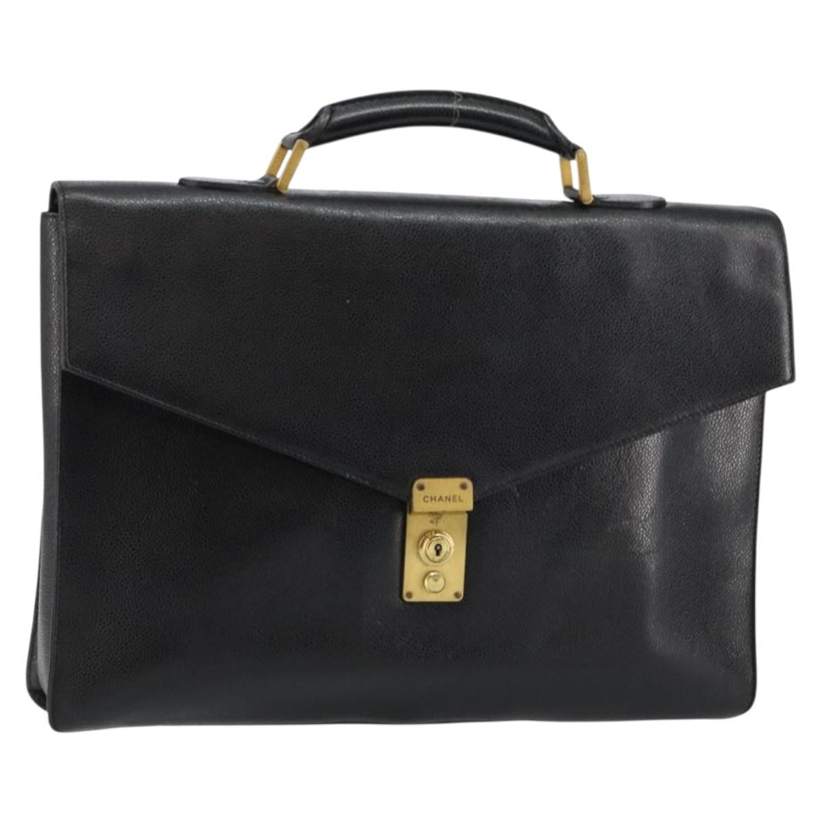 CHANEL Briefcase Caviar Skin Black Gold CC Auth bs29898