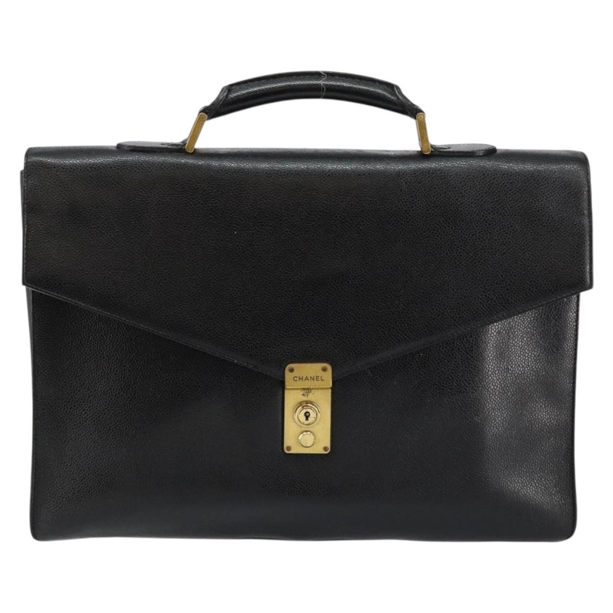CHANEL Briefcase Caviar Skin Black Gold CC Auth bs29898