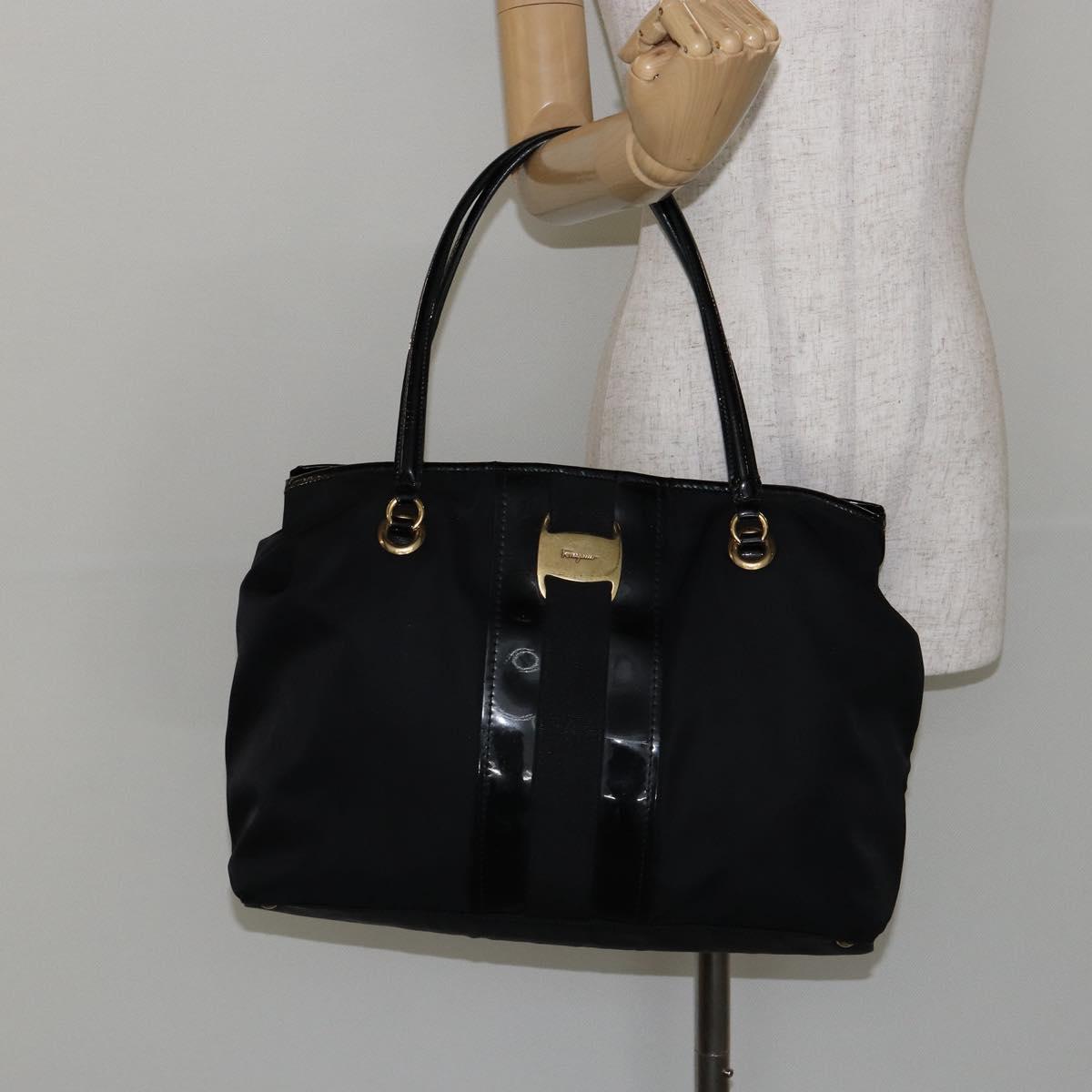 Salvatore Ferragamo Tote Bag Nylon Black Gold Auth bs29903