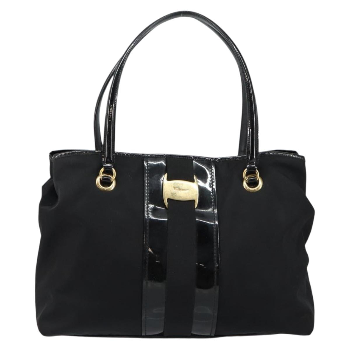 Salvatore Ferragamo Tote Bag Nylon Black Gold Auth bs29903
