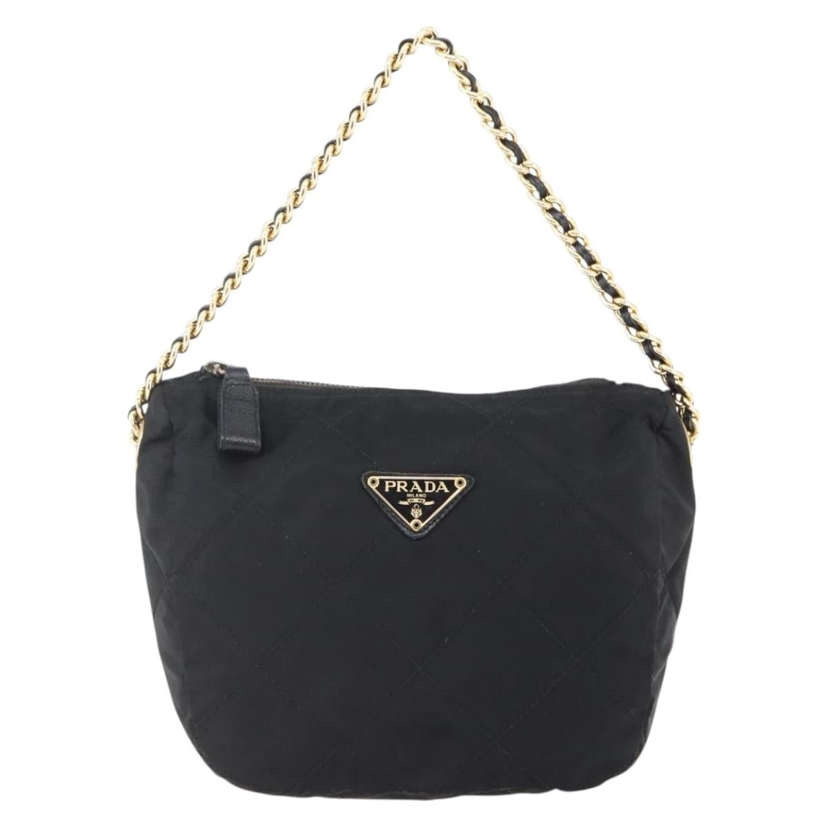 PRADA Quilted Shoulder Bag Nylon Black Gold Auth bs29912