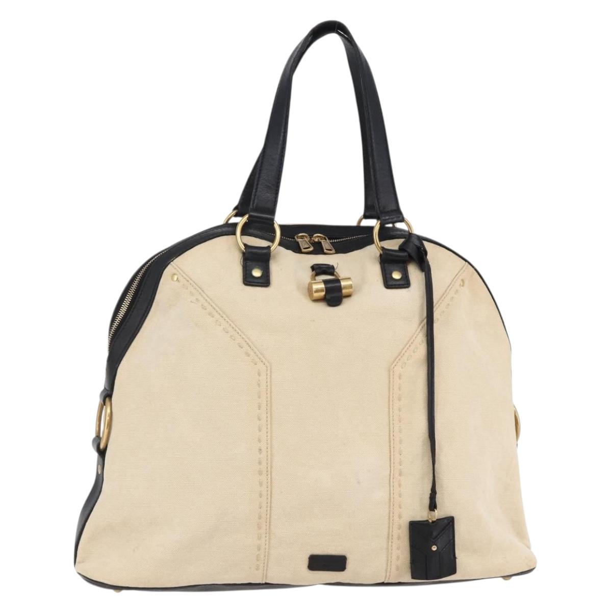 SAINT LAURENT Muse Tote Bag Canvas Leather Beige Gold Auth bs29923