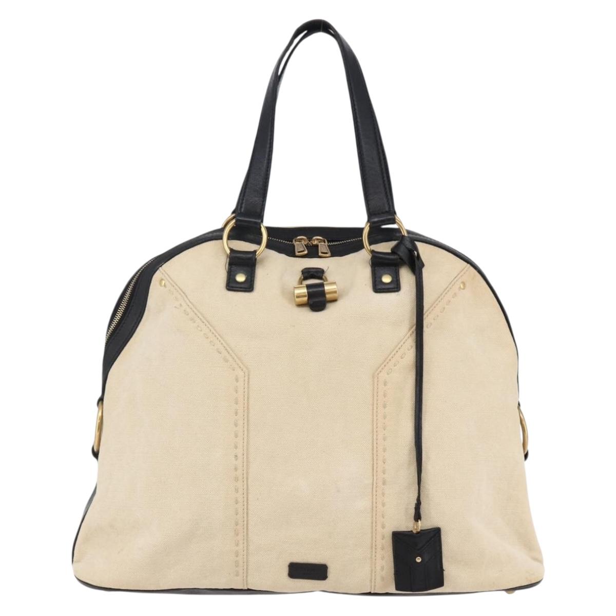 SAINT LAURENT Muse Tote Bag Canvas Leather Beige Gold Auth bs29923