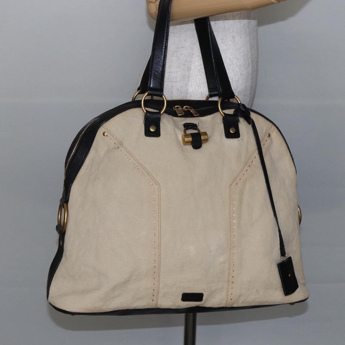 SAINT LAURENT Muse Tote Bag Canvas Leather Beige Gold Auth bs29923