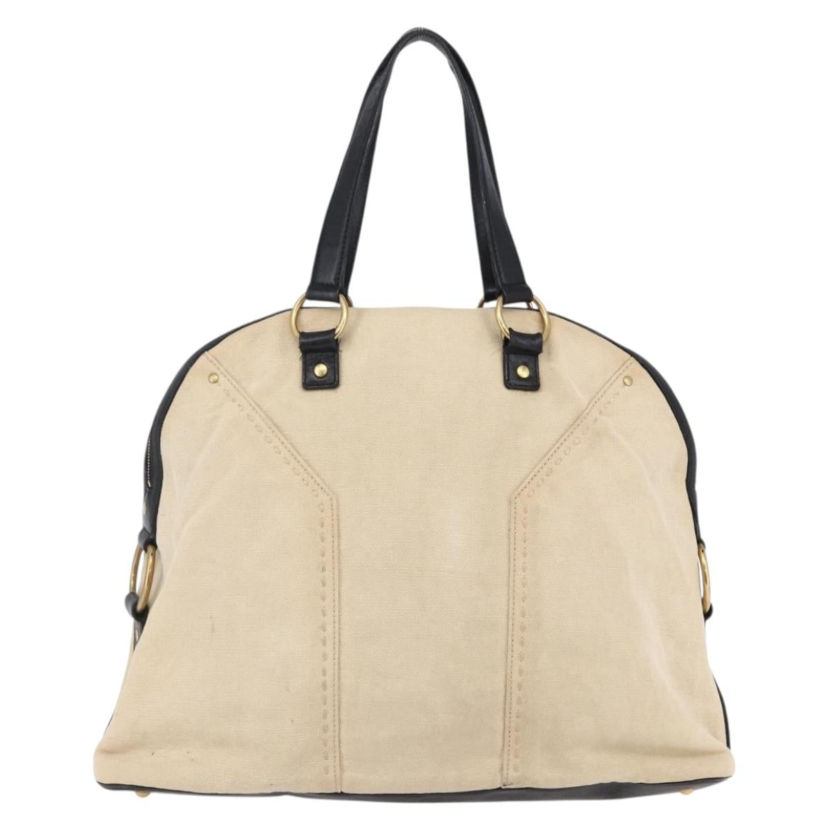 SAINT LAURENT Muse Tote Bag Canvas Leather Beige Gold Auth bs29923