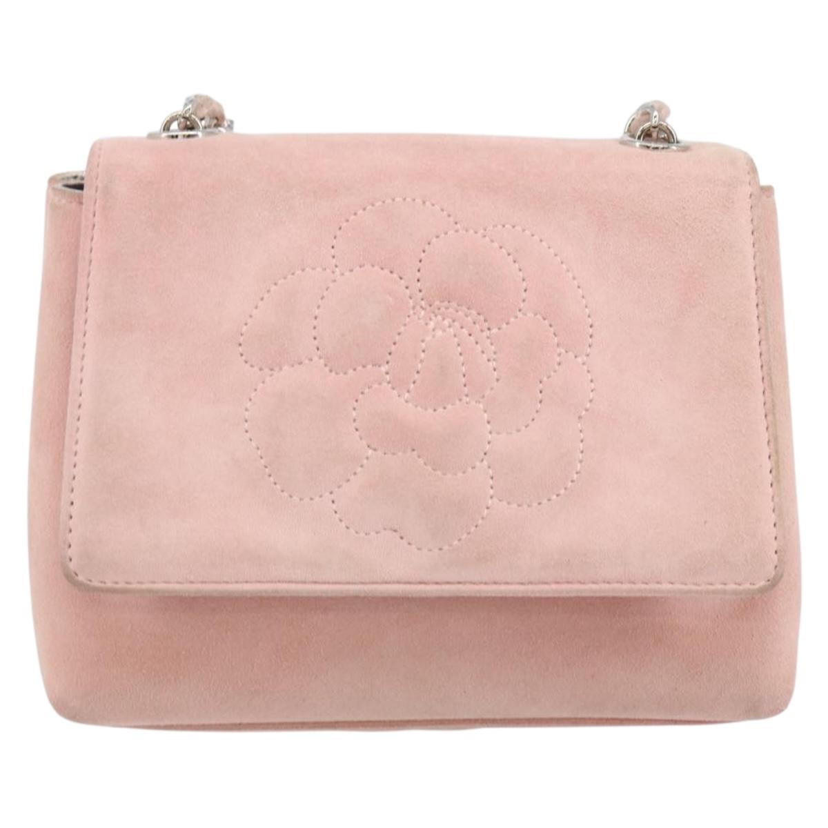 CHANEL Camellia Flap Chain Shoulder Bag Suede Pink Silver CC Auth bs29926