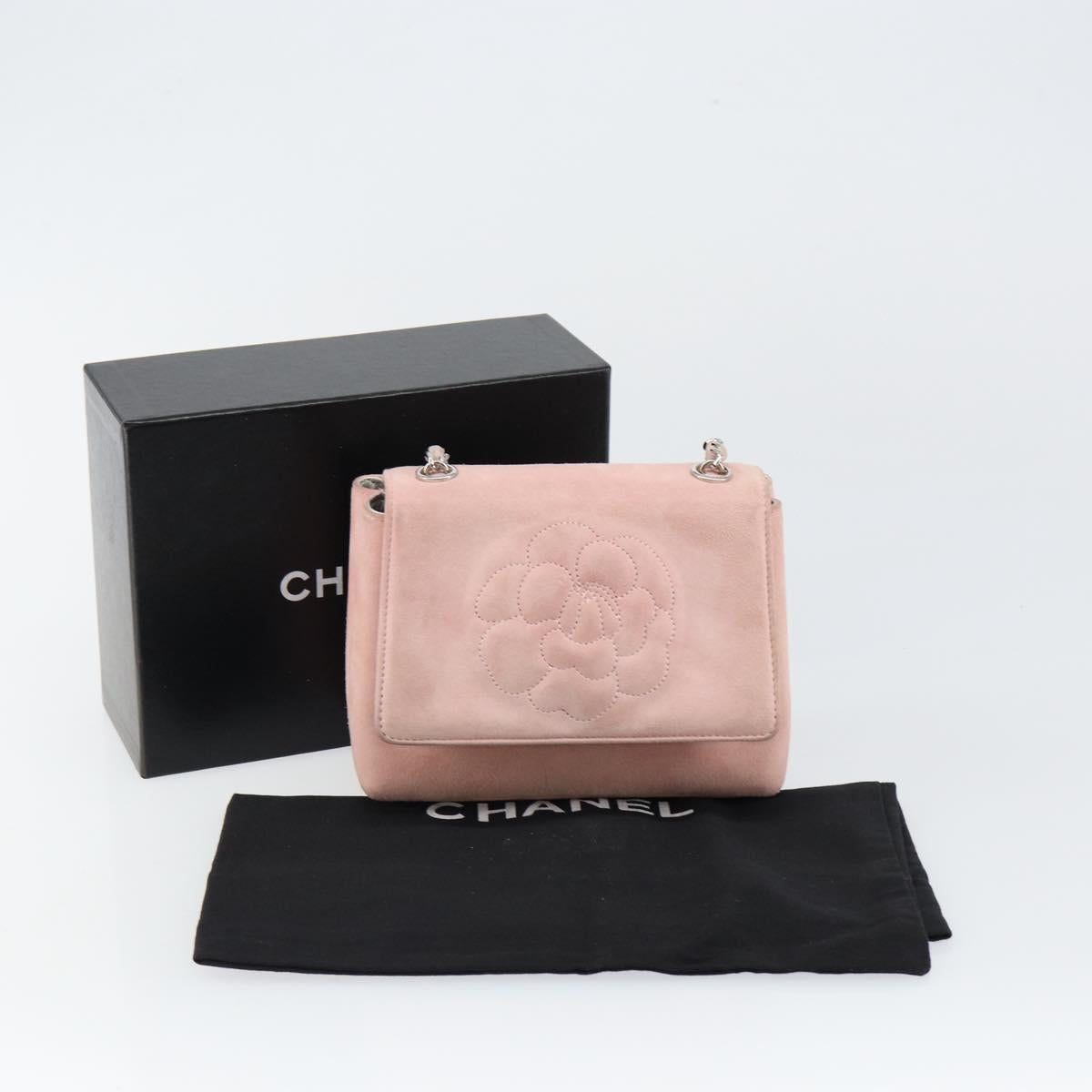 CHANEL Camellia Flap Chain Shoulder Bag Suede Pink Silver CC Auth bs29926