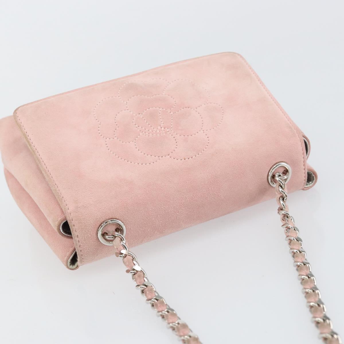 CHANEL Camellia Flap Chain Shoulder Bag Suede Pink Silver CC Auth bs29926