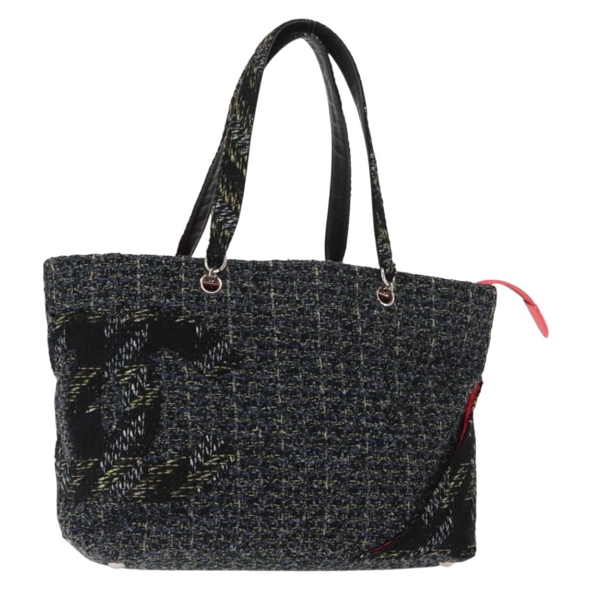 CHANEL Cambon Line Tote Bag tweed Navy Silver CC Auth bs29930