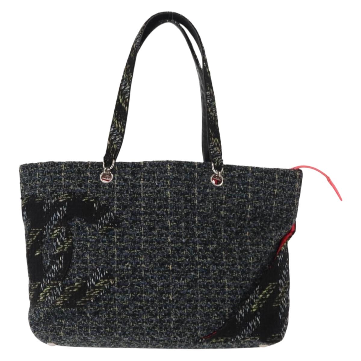 CHANEL Cambon Line Tote Bag tweed Navy Silver CC Auth bs29930